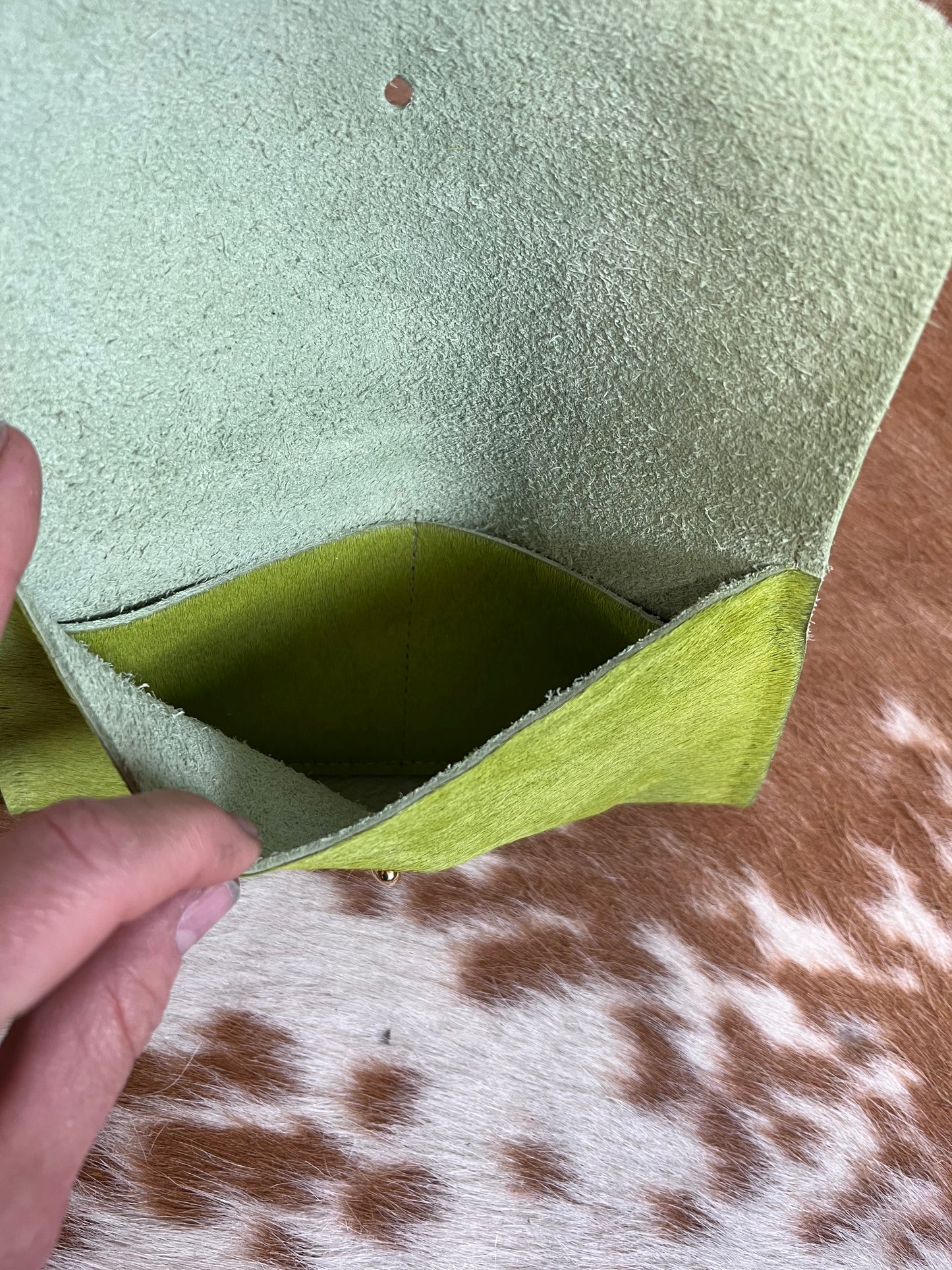 Lime Green Hair on Hide Leather Smart Phone Wallet/Mini Clutch