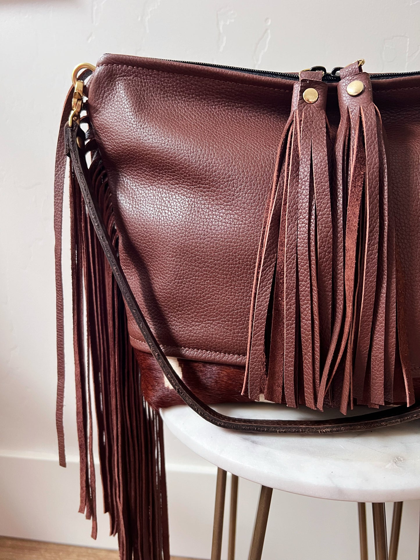 Axis Deer Cowhide Fringe Hair on Hide Shoulder Bag