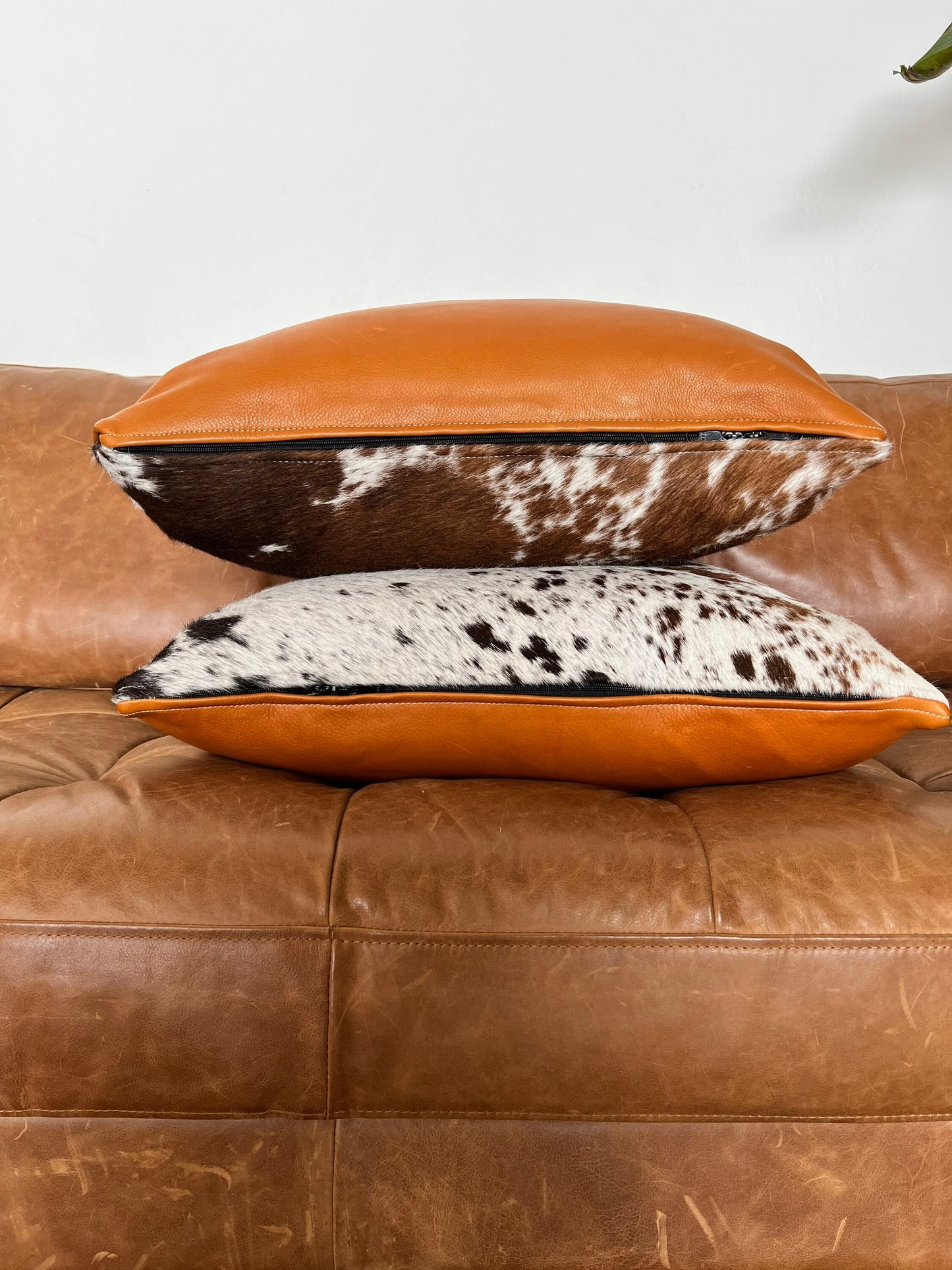Set of TWO Matching Cowhide Pillows 20x20 - Genuine Top Quality Cowhide and Top Grain Leather