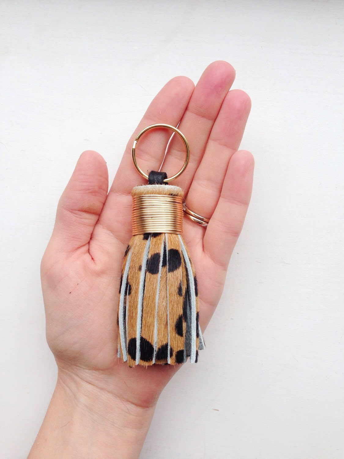 The Original Mini Cheetah Print Tassel Keychain - hair on hide leather