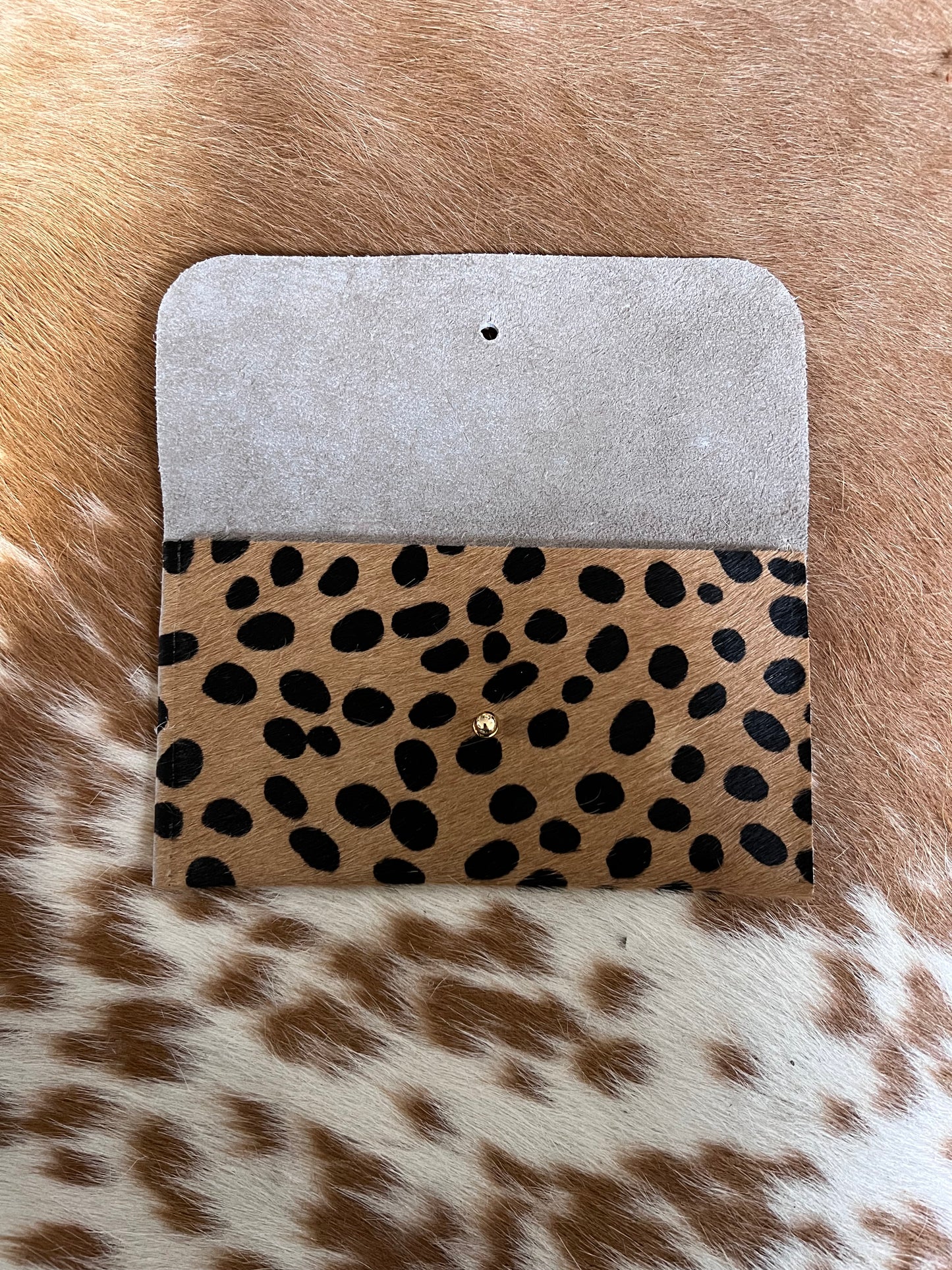 Dark Beige Cheetah Print Phone Wallet - Hair on Hide Leather