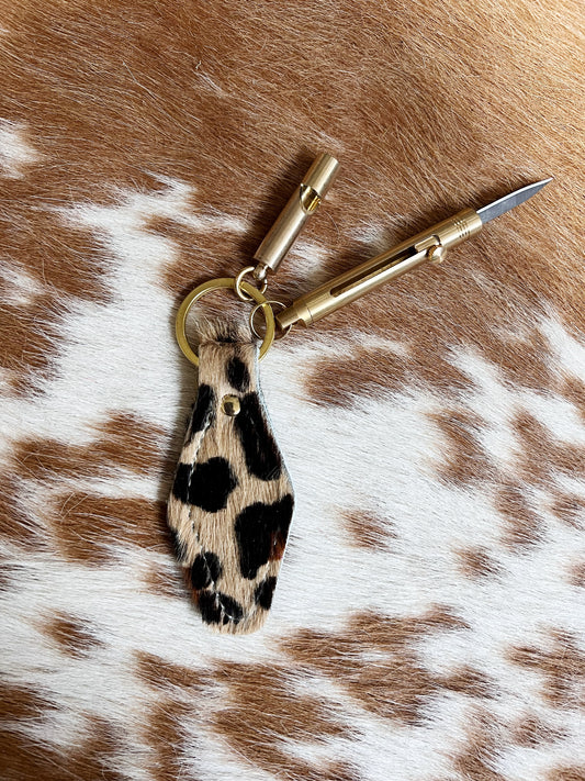 Dark Leopard Hair on Hide Leather Safety Keychain Bundle