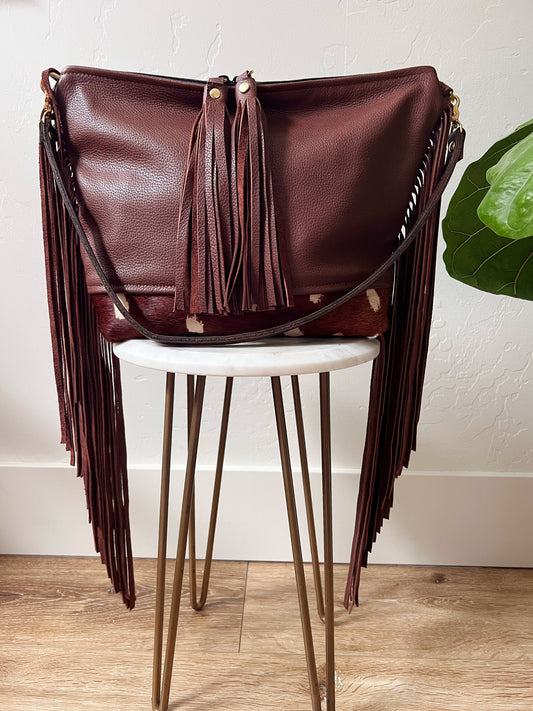 Axis Deer Cowhide Fringe Hair on Hide Shoulder Bag