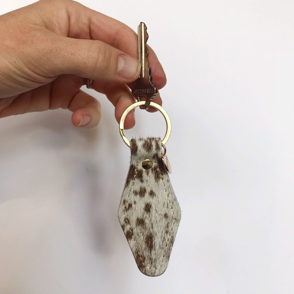 Speckled White Cowhide Hair on Hide Leather Retro Motel Keychain