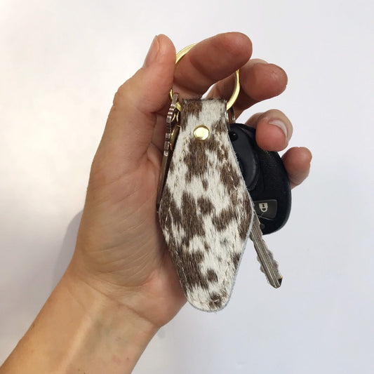 Speckled White Cowhide Hair on Hide Leather Retro Motel Keychain