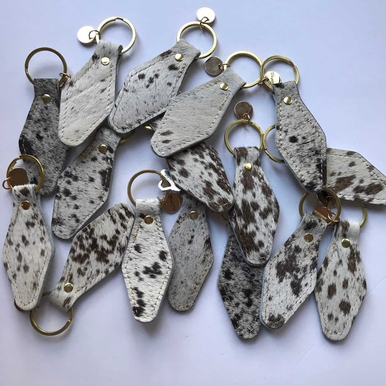 Speckled White Cowhide Hair on Hide Leather Retro Motel Keychain