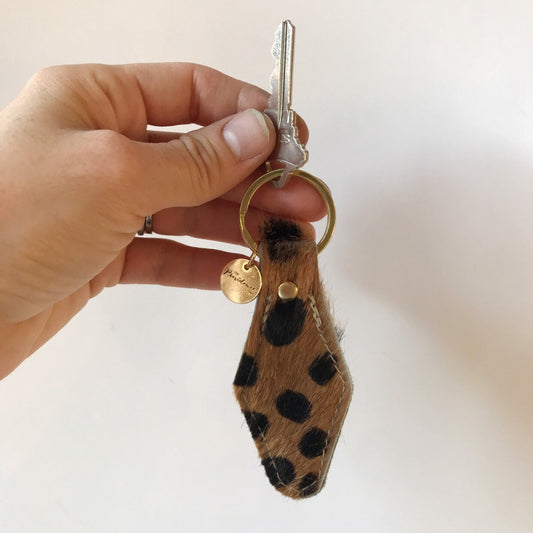 Beige Cheetah Hair on Hide Leather Retro Motel Keychain