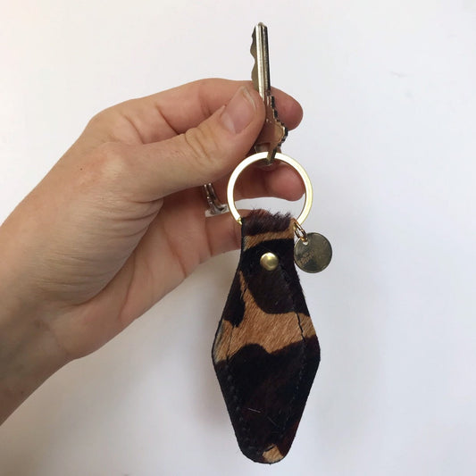 Brown Camoflauge Cowhide Hair on Hide Leather Retro Motel Keychain