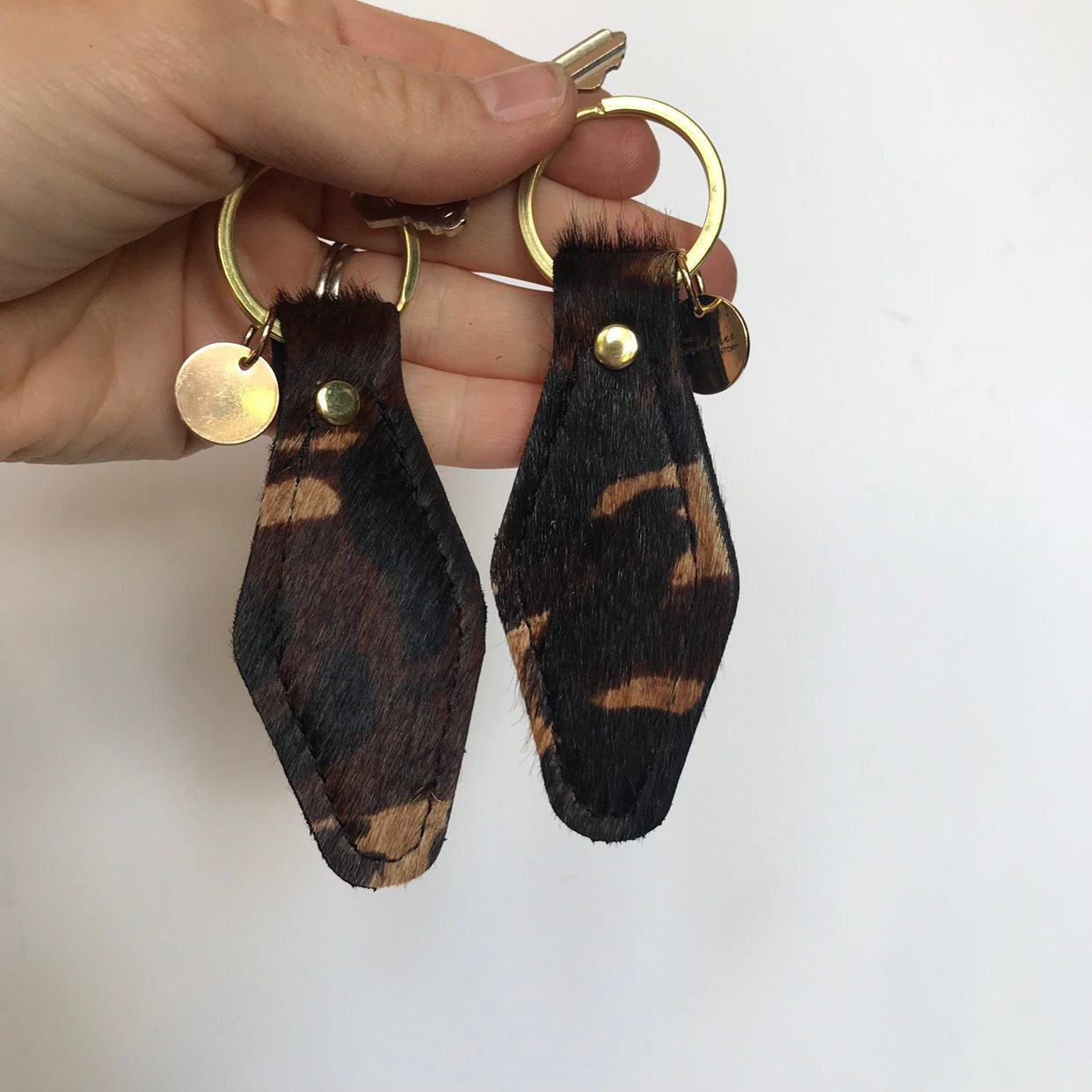 Brown Camoflauge Cowhide Hair on Hide Leather Retro Motel Keychain