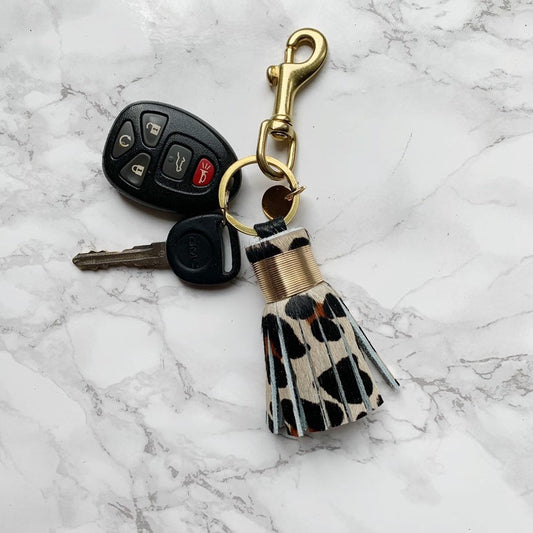 Mini Leopard Hair on Hide Leather Tassel Keychain