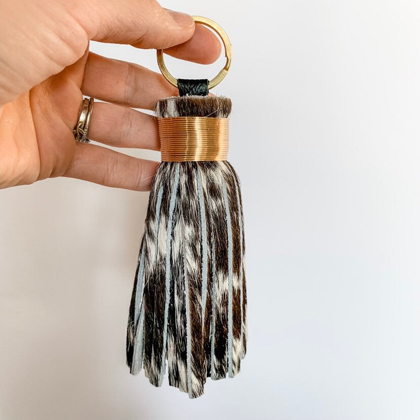 Large Speckled Natural Cowhide Leather Tassel Keychains - Hair on Hide Leather