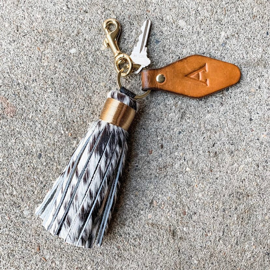 Large Speckled Natural Cowhide Leather Tassel Keychains - Hair on Hide Leather