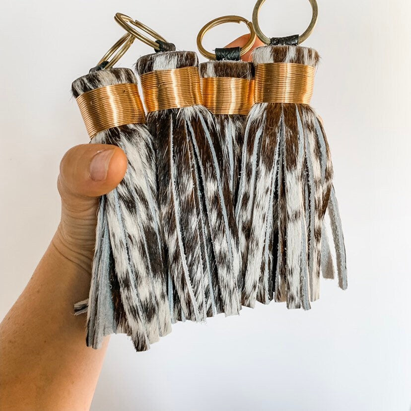 Large Speckled Natural Cowhide Leather Tassel Keychains - Hair on Hide Leather