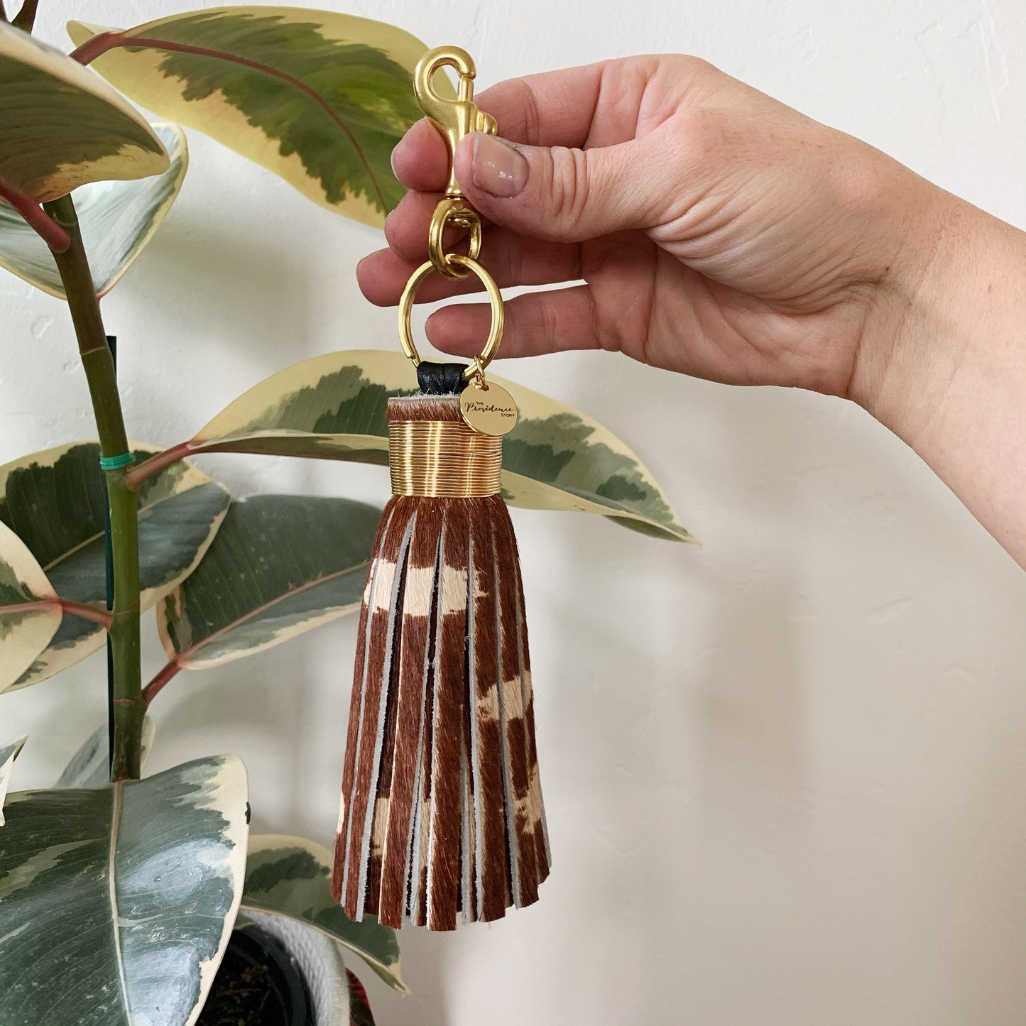 Large Axis Deer Printed Cowhide Tassel Keychain - Hair on Hide Leather