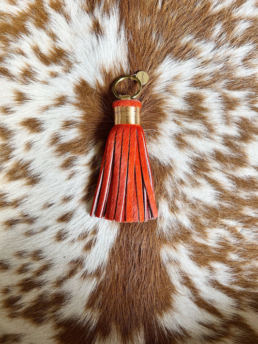 The Original Large Hot Orange Tassel Keychain - Hair on Hide Leather