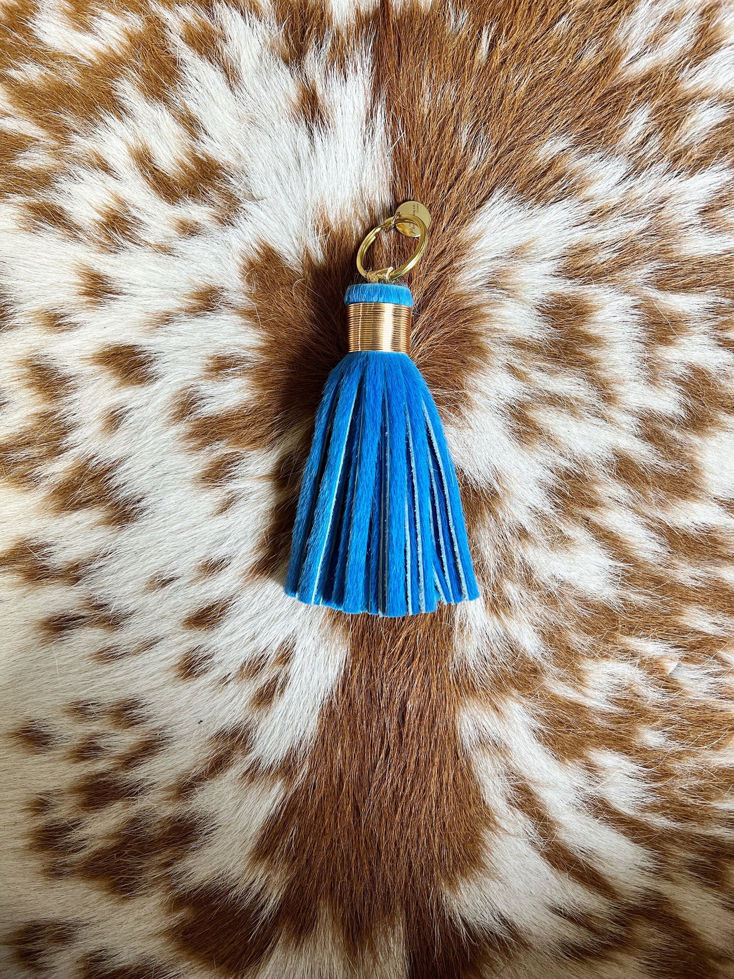 The Original Large Sky Blue Tassel Keychain - Hair on Hide Leather