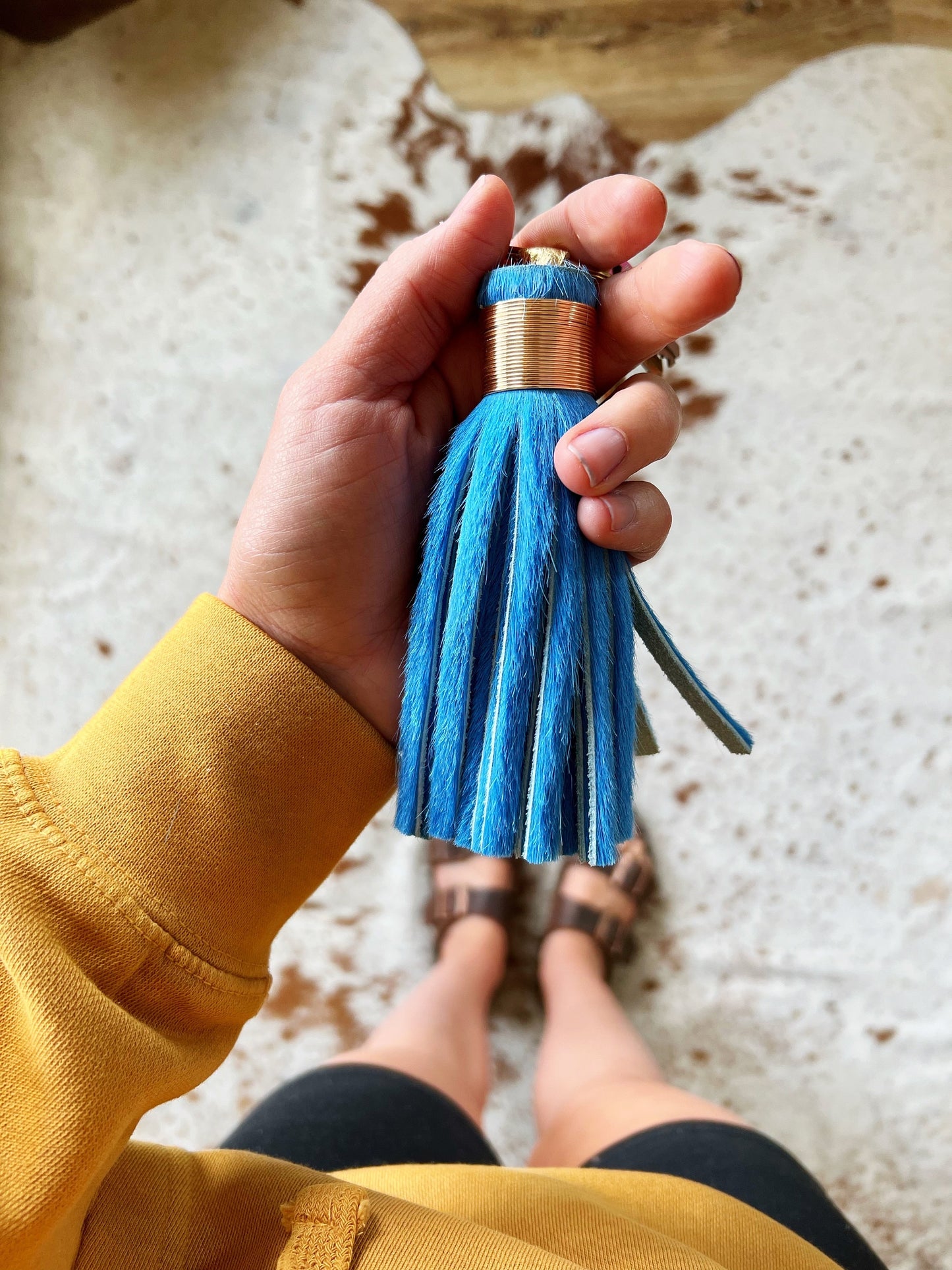 The Original Large Sky Blue Tassel Keychain - Hair on Hide Leather