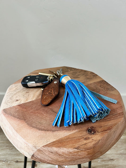 The Original Large Sky Blue Tassel Keychain - Hair on Hide Leather